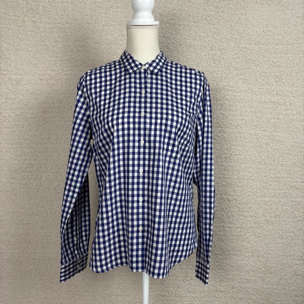 Untuckit Top Womens 10 Blue White Belleza Plaid Cotton Solid Button Down Shirt